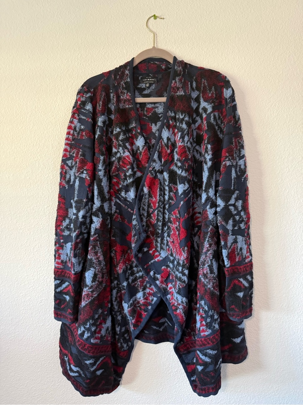 Lucky Brand Red, Blue & Gray Open Front Knit Cardigan